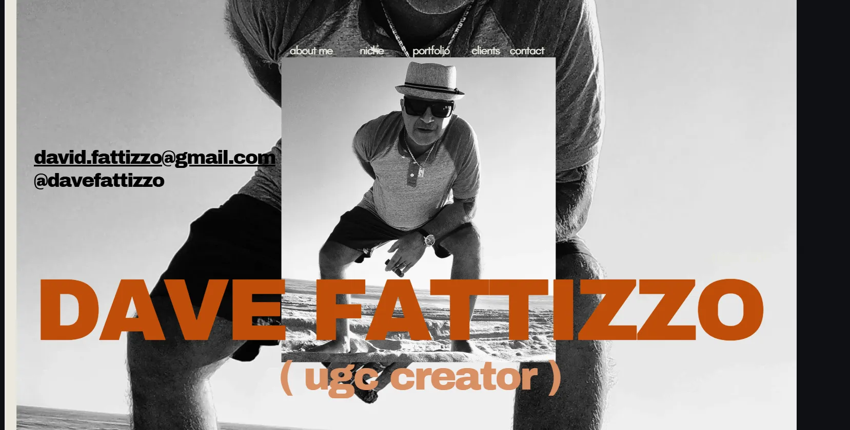 Black-and-white portfolio cover featuring UGC creator Dave Fattizzo with bold typography, contact details, and personal branding visuals.