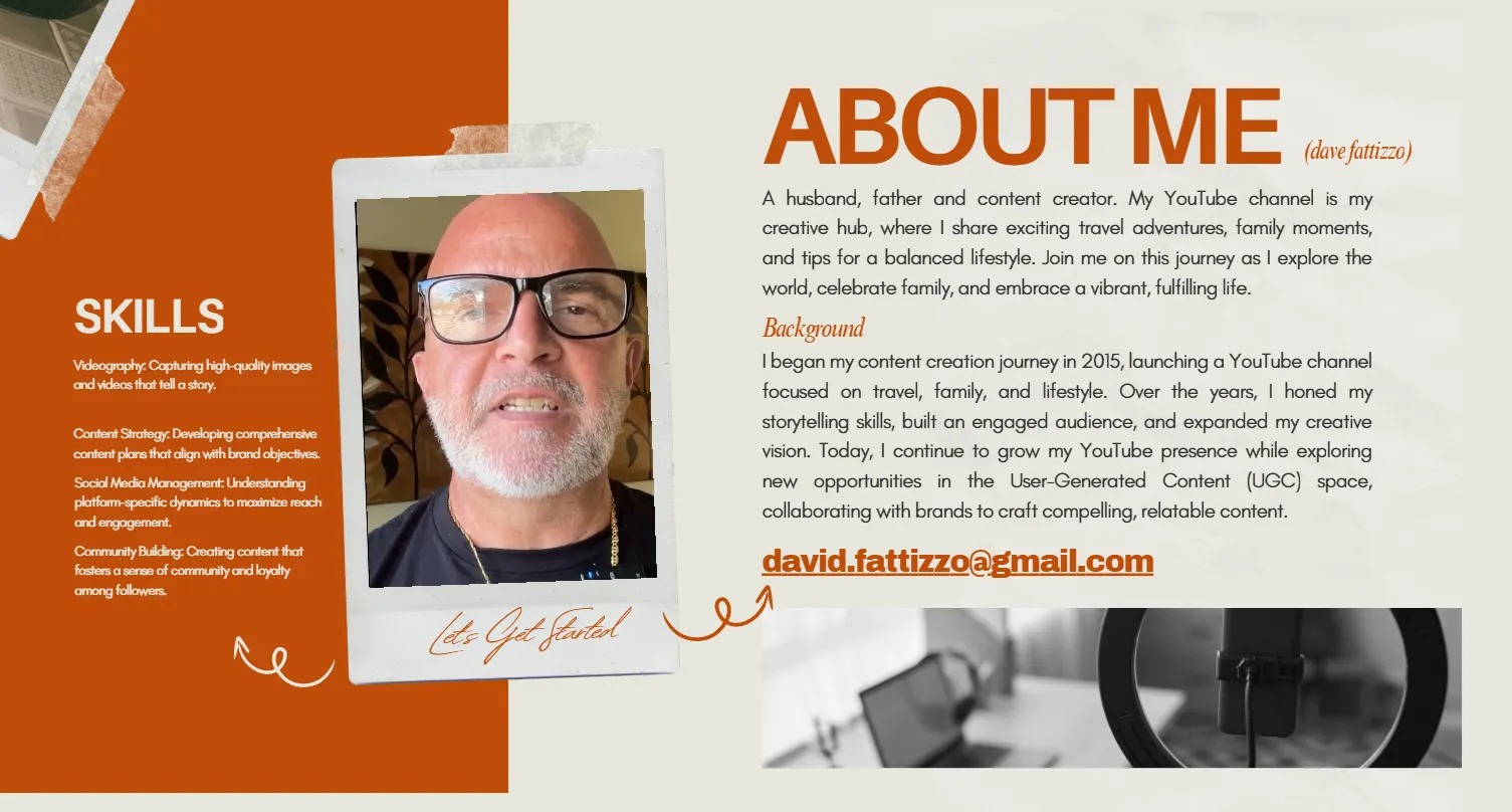 UGC portfolio “About Me” page featuring Dave Fattizzo, outlining his background, content creation journey, and skills in videography, strategy, and social media.