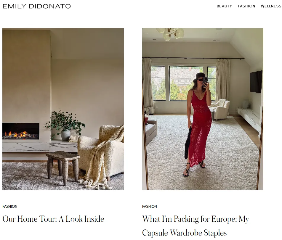 Fashion and lifestyle blog layout featuring Emily DiDonato, showcasing a home interior tour and outfit styling content for a European capsule wardrobe.