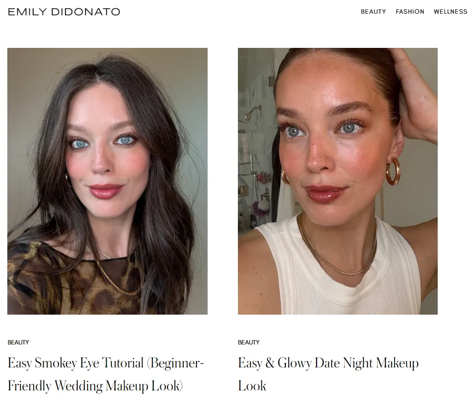 Beauty blog layout featuring Emily DiDonato with makeup looks, including a smokey eye tutorial and a natural glowy date night makeup style.