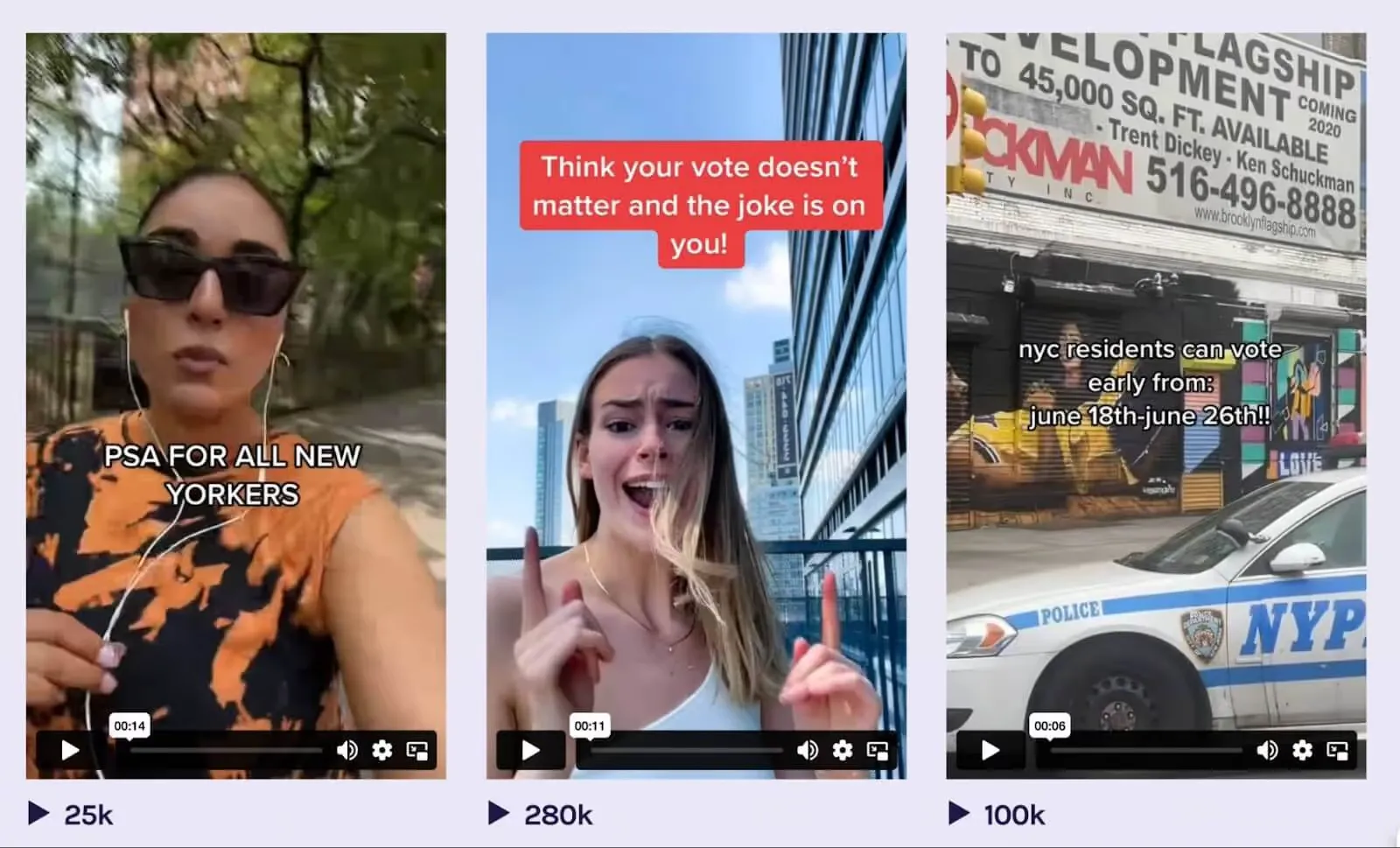 Three short-form UGC video thumbnails showing social media content about voting awareness in New York, with engagement metrics (25k, 280k, 100k views) demonstrating high-performing campaigns.