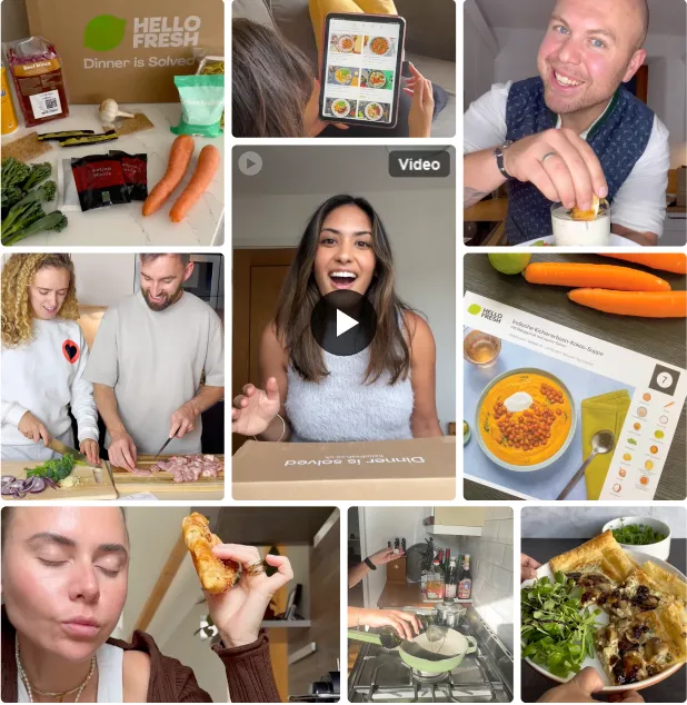 Collage of user-generated content for HelloFresh showing meal kits, recipe preparation, cooking scenes, and creators enjoying finished dishes, highlighting engaging food and lifestyle content.