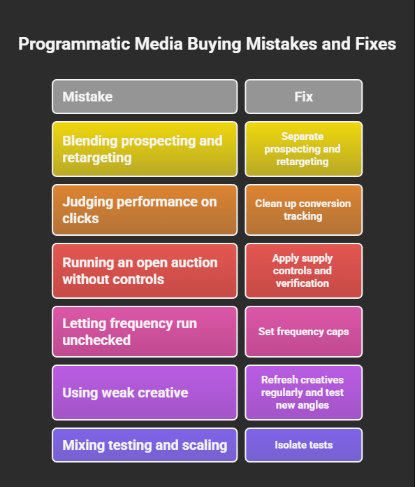 Infographic showing common programmatic advertising mistakes and their fixes, including retargeting strategy, conversion tracking, auction controls, frequency caps, and creative testing.