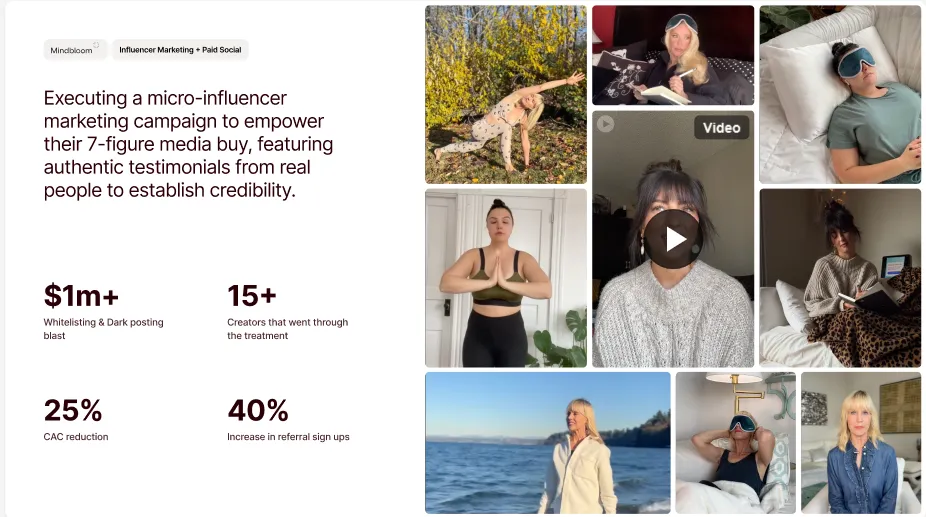 Case study showing micro-influencer campaign results by inBeat with creator content examples and metrics including $1M+ spend, 15+ creators, 25% CAC reduction, and 40% increase in referrals.
