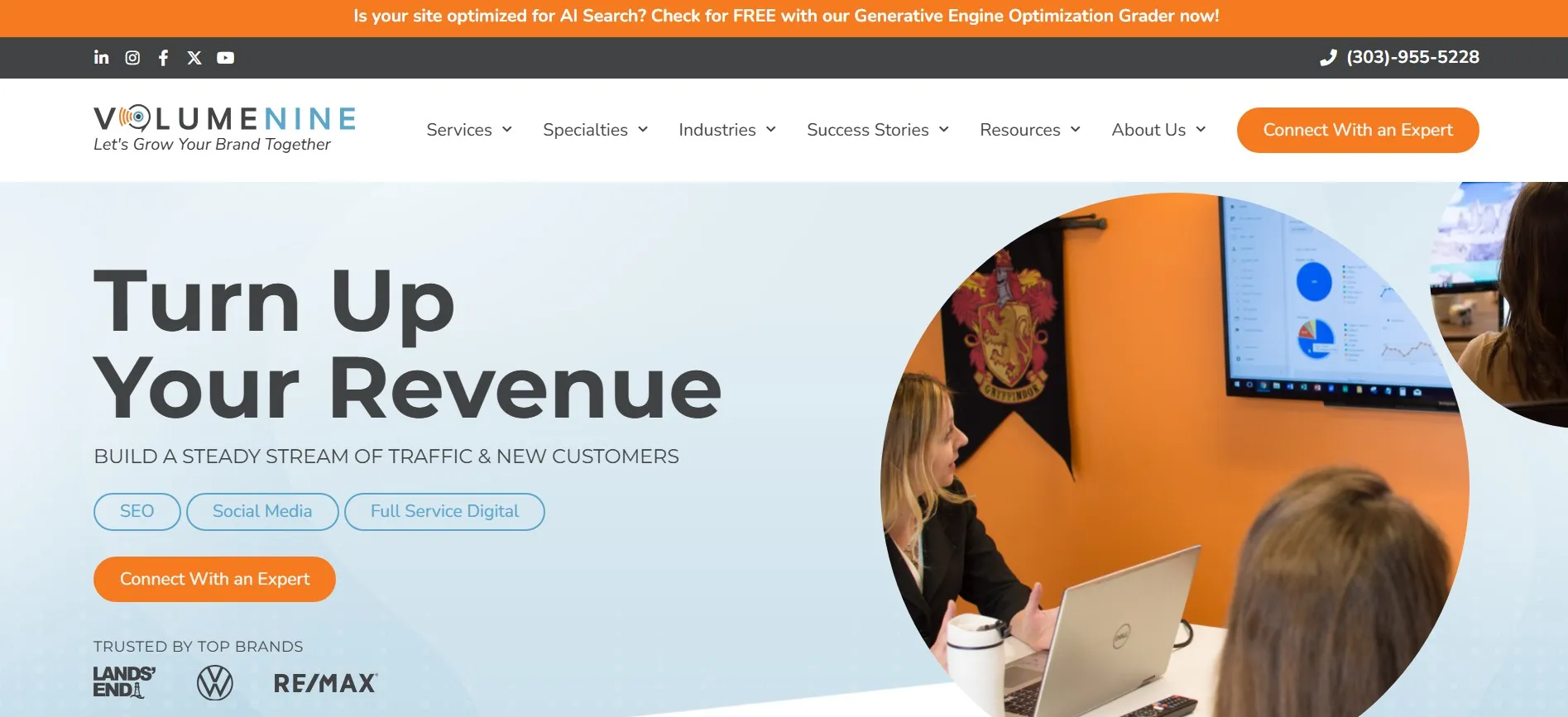Volume Nine agency focused on SEO, social media, and content growth.