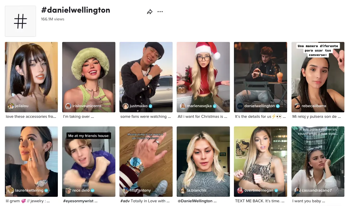 TikTok hashtag results page for #danielwellington, showing over 166 million views and a grid of influencer-created videos featuring Daniel Wellington watches and jewelry, with creators showcasing products in lifestyle and fashion content.