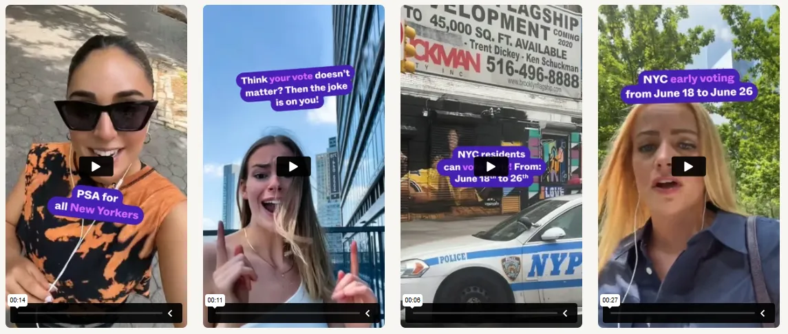 Short-form influencer videos promoting New York City early voting as part of an inBeat voter awareness campaign