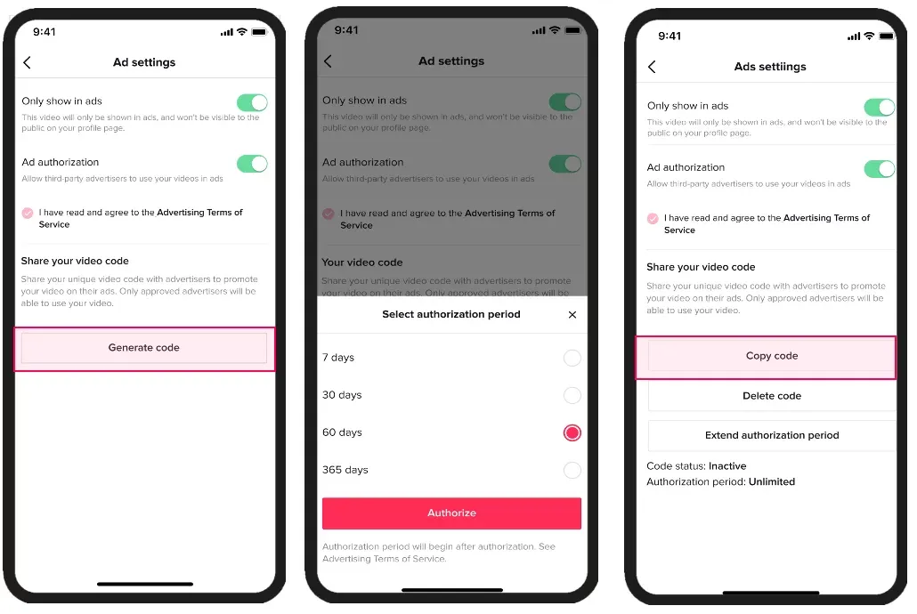 TikTok Spark Ads setup process showing video authorization settings, code generation, and advertiser access controls for content promotion.