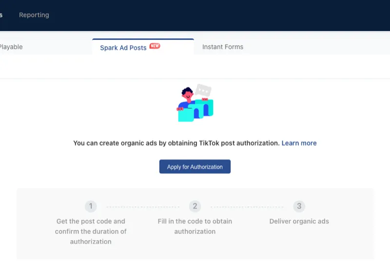 TikTok Ads Manager interface showing the Spark Ads authorization process for converting organic posts into sponsored content.