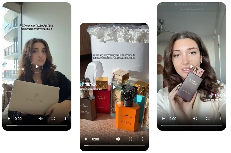 TikTok creator content featuring Swiss Arabian fragrances, showcasing product reviews, unboxings, and influencer-led product recommendations.