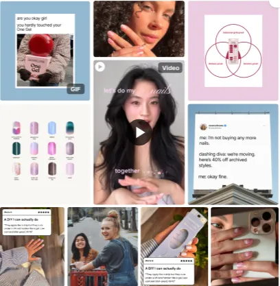 Collage of a beauty brand’s social media content grid featuring user-generated content (UGC), product showcases, educational graphics, customer testimonials, lifestyle photography, and short-form video. The layout demonstrates a balanced content strategy designed to engage audiences, build trust, and showcase beauty products across multiple content formats.