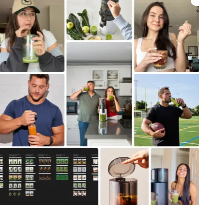 Collage from inBeat’s Hurom case study showcasing user-generated content (UGC) created by multiple influencers. The campaign features creators demonstrating Hurom juicers in everyday settings through lifestyle photos, product demonstrations, recipe content, and short-form videos designed for social media advertising and organic engagement.