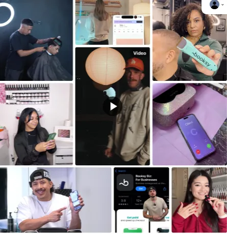 Collage from inBeat’s Booksy case study featuring creator-generated content across beauty and personal care niches. The campaign includes lifestyle videos, barber and salon demonstrations, app showcases, product integrations, and user-generated content (UGC) designed to increase brand awareness, app installs, and customer engagement across social media platforms.