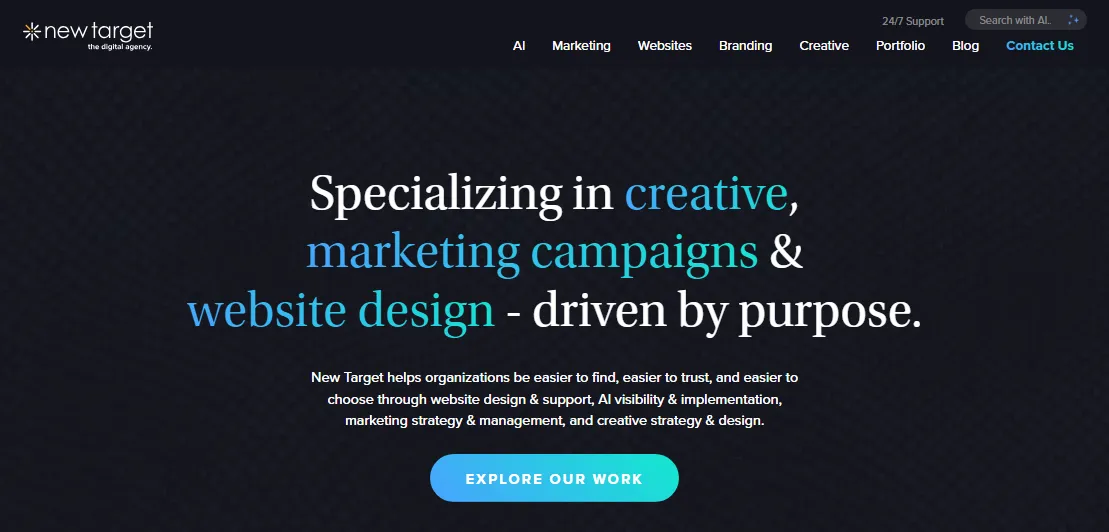 Screenshot of the homepage of New Target, a digital marketing agency in Washington, DC.