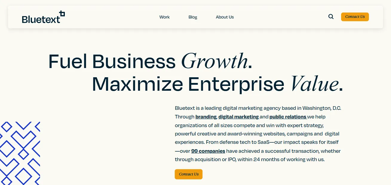 Screenshot of the homepage of Bluetext, a digital marketing agency in Washington, DC.