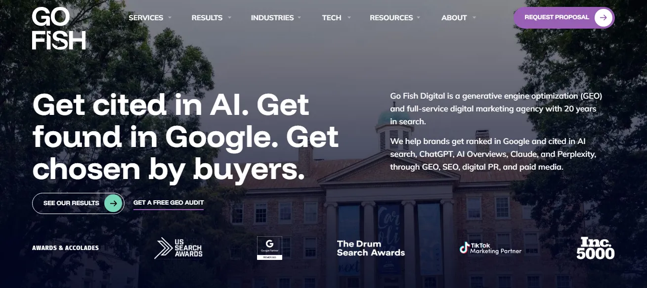 Screenshot of the homepage of Go Fish Digital, a digital marketing agency in Washington, DC.