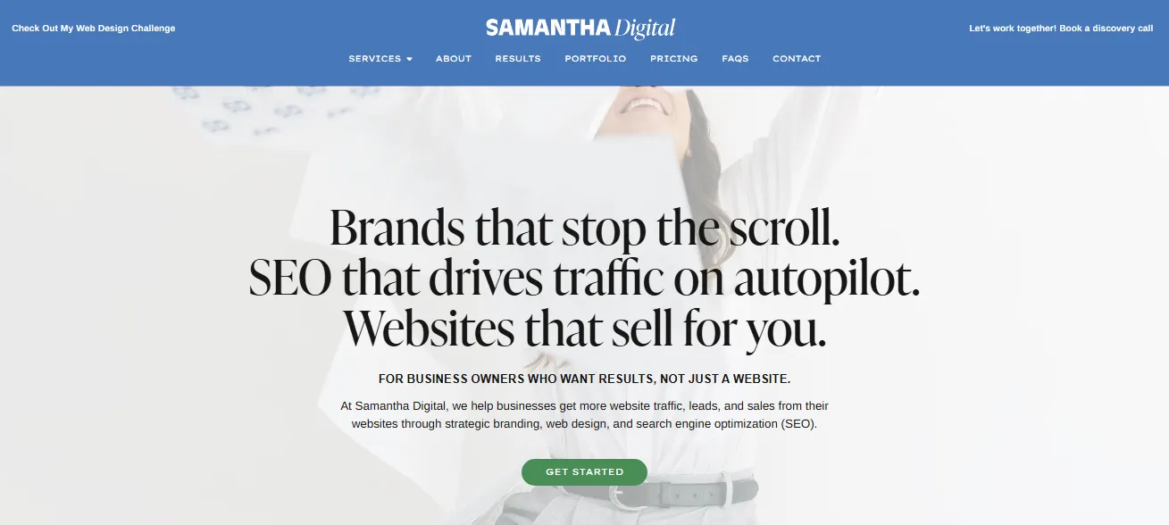 Screenshot of the homepage of Samantha Digital, a digital marketing agency in Washington, DC.