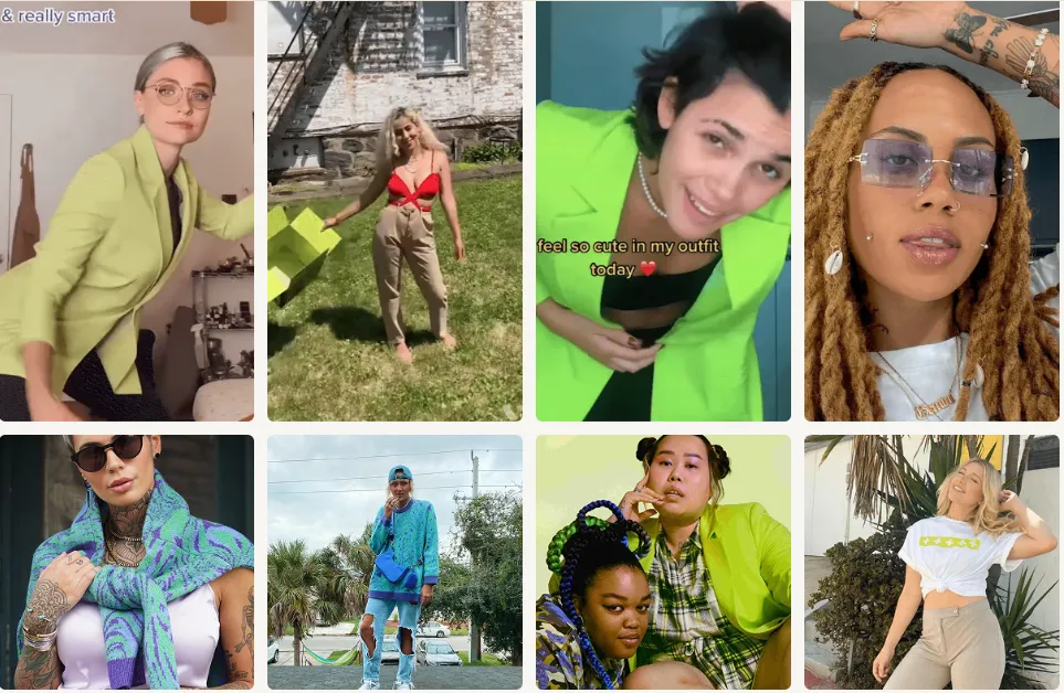 Collage of eight fashion and lifestyle creators wearing colorful outfits, including bright green, blue, red, and neutral looks, illustrating varied influencer content styles and personal aesthetics.