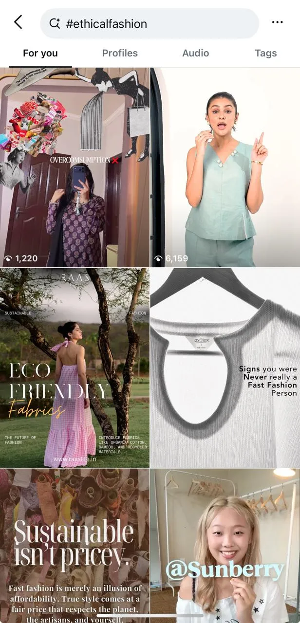 TikTok search results for #ethicalfashion showing videos about sustainable clothing, eco-friendly fabrics, overconsumption, fast fashion awareness, and ethical fashion creators.