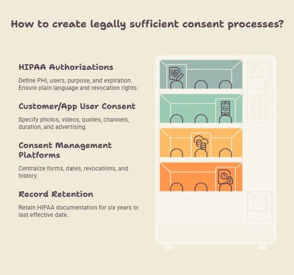 Consent process covering HIPAA, app users, platforms, and record retention.