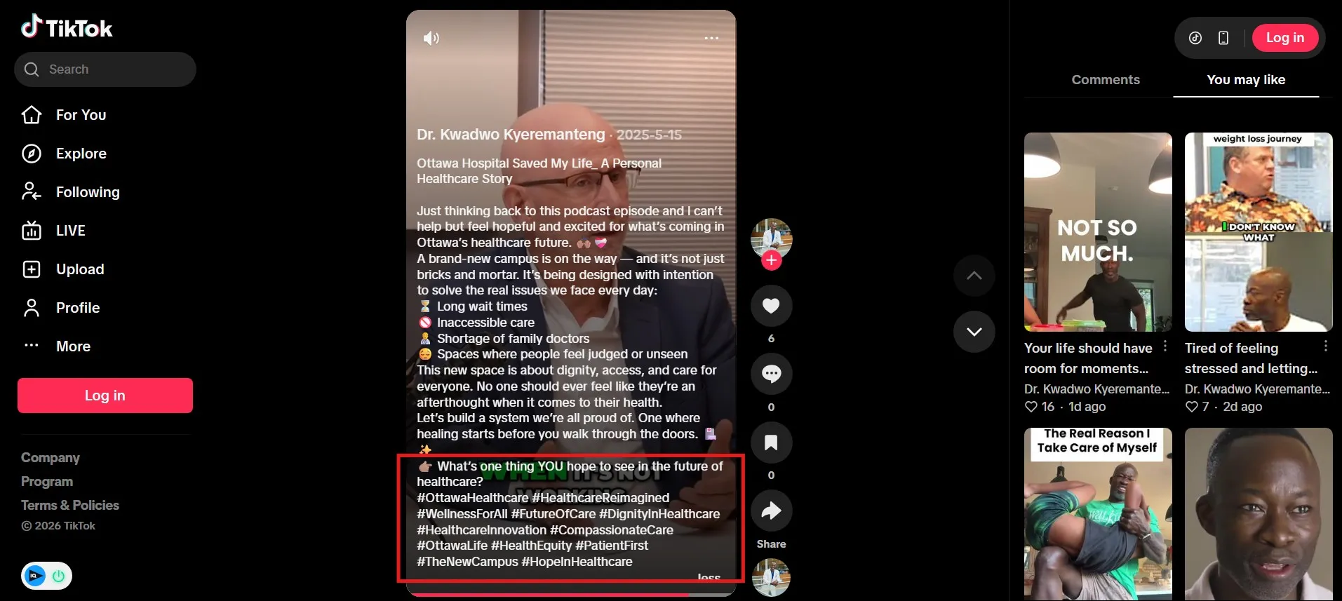 TikTok post sharing an Ottawa Hospital personal healthcare story.