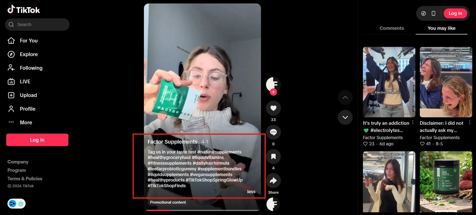 Factor Supplements TikTok featuring a Daily Greens product taste test.