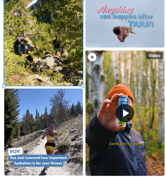 Collage of fitness and outdoor UGC videos featuring hydration, hiking, running, and a drink product.