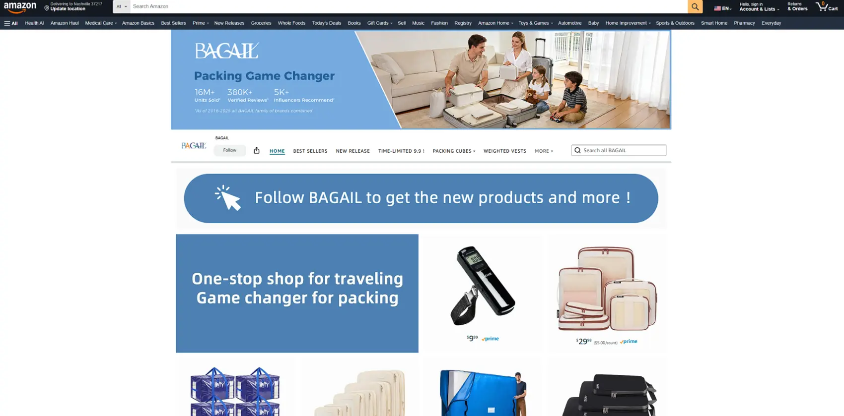 Bagail Amazon storefront showing packing cubes and travel accessories