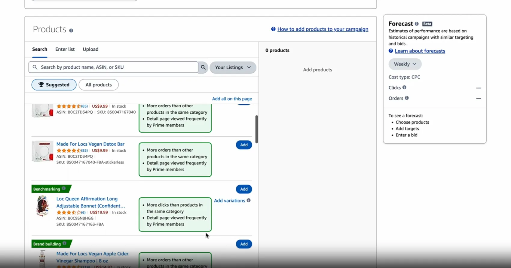 Amazon Ads campaign builder showing Made For Locs Sponsored Products setup