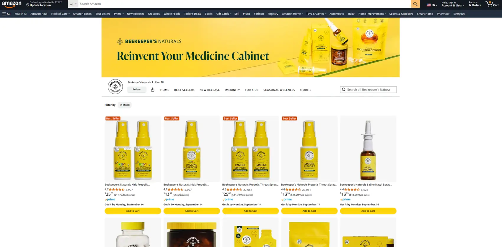 Beekeeper's Naturals Amazon storefront featuring propolis immune support products