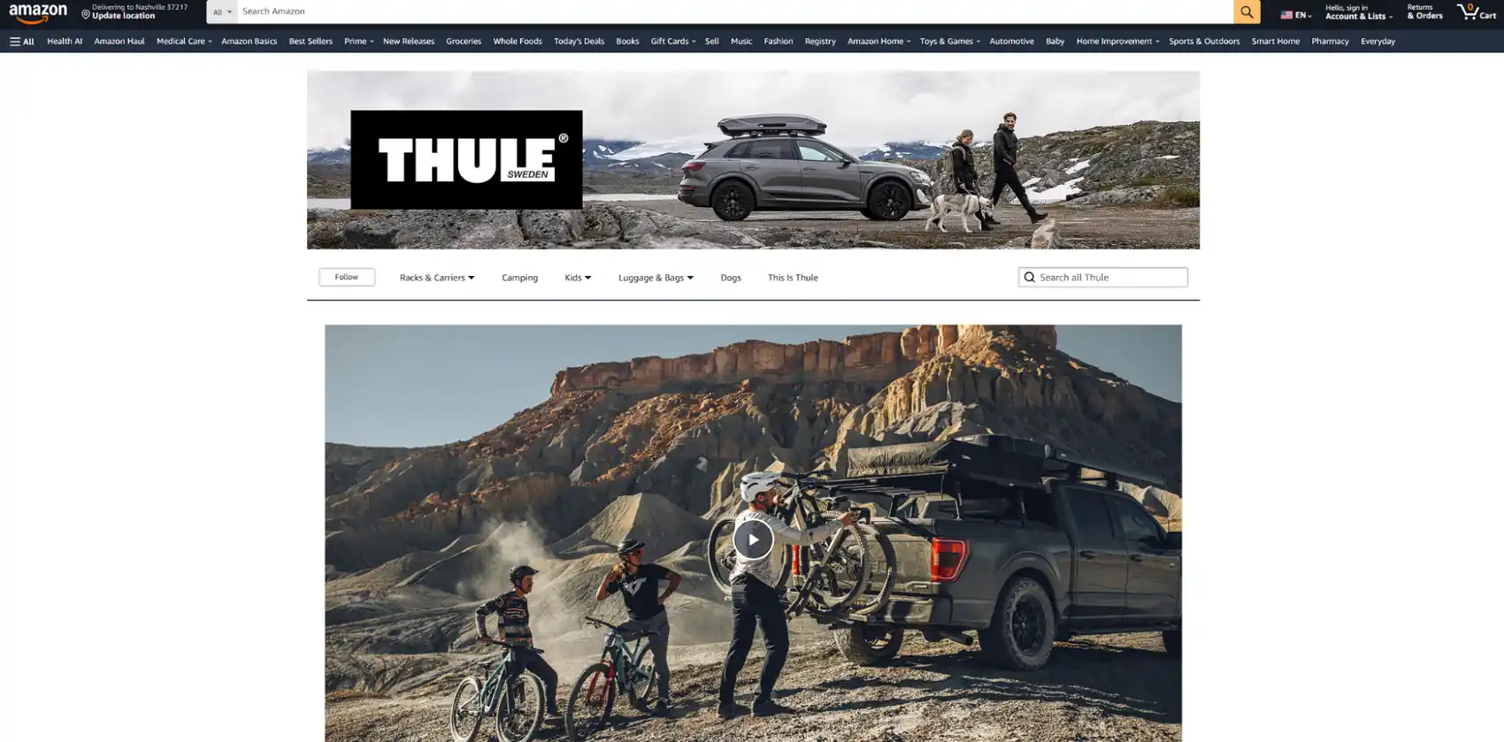 Thule Amazon storefront banner for roof racks and car accessories