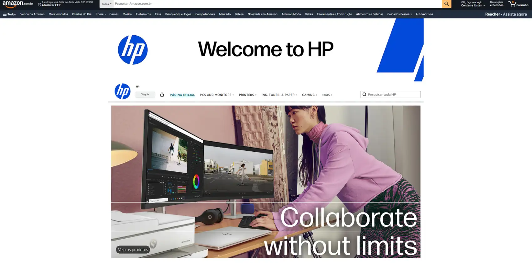 HP Amazon storefront featuring printers and laptops