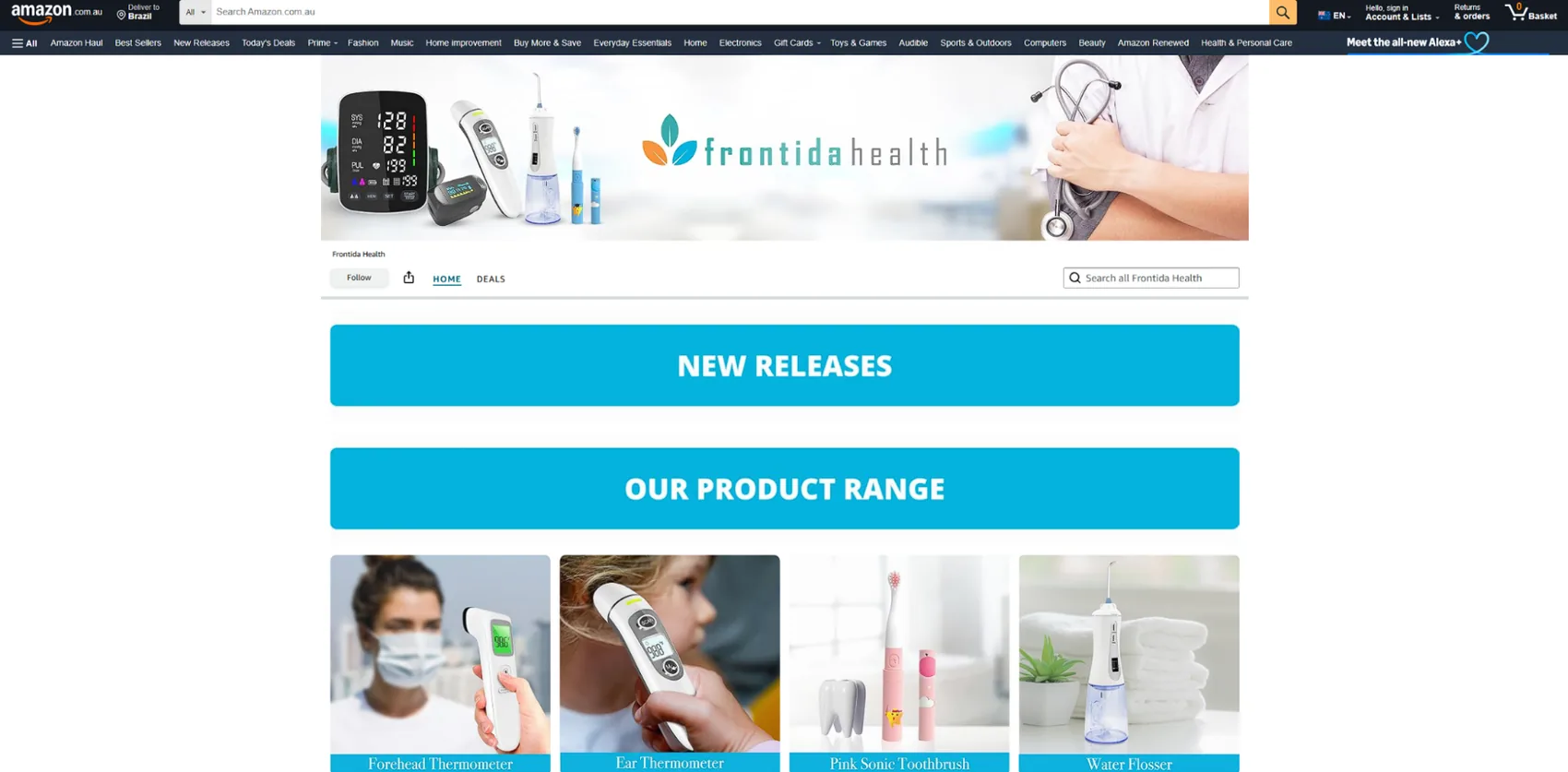 Frontida Health Amazon storefront featuring thermometers and health devices
