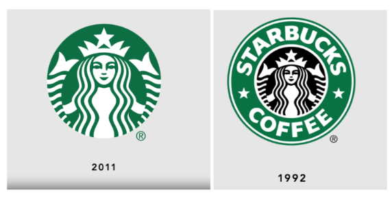 Starbucks logos from 2011 and 1992 shown side by side; the newer version retains the siren without the Starbucks Coffee wording.