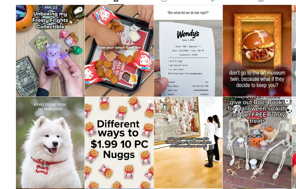 Grid of Wendy's social media posts mixing food promotions, humorous captions, collectibles and a dog wearing a Wendy's tag.