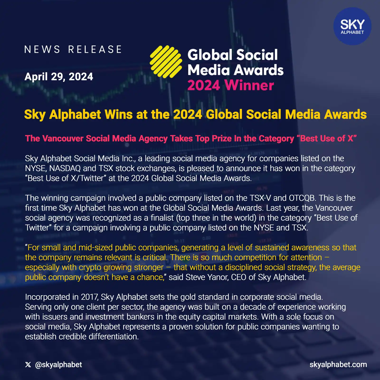 Sky Alphabet's 2024 Global Social Media Awards win for Best Use of X