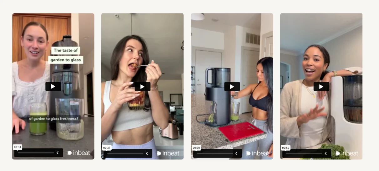Collage of UGC-style video ads featuring creators demonstrating Hurom juicers, preparing fresh juice, and sharing product experiences.