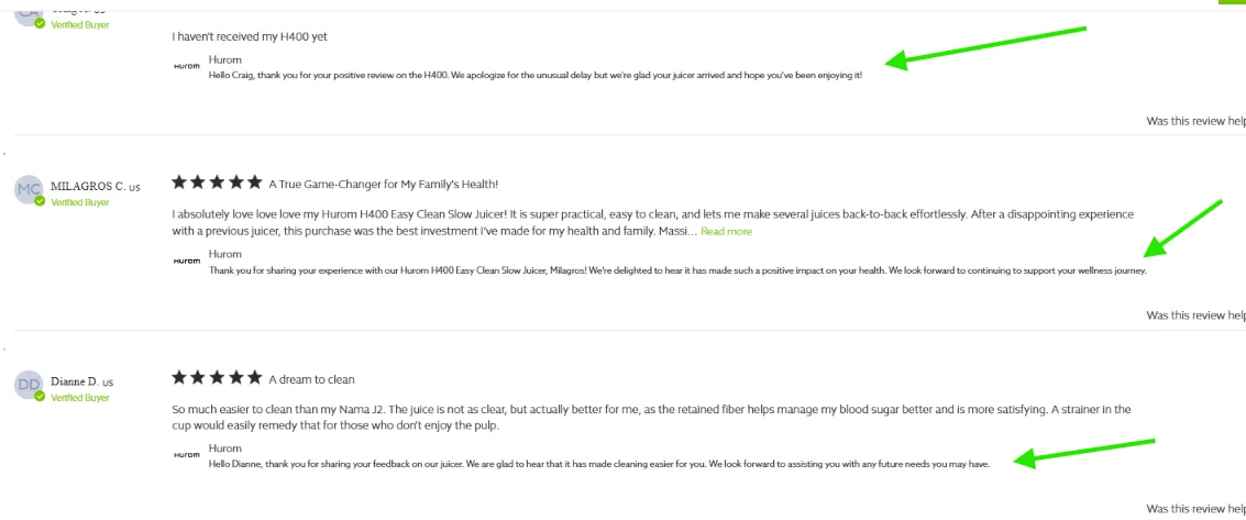 Hurom H400 customer reviews with verified buyer feedback and brand responses about delivery, easy cleaning, and juicing experience.