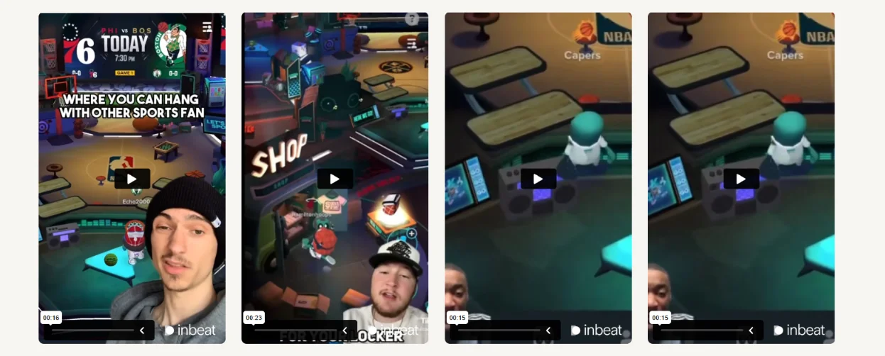 Collage of UGC-style video ads featuring creators promoting an NBA-themed social gaming experience for sports fans.