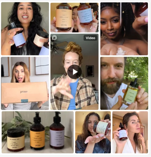 Collage of UGC-style creator content featuring Prose haircare products, including bottles, jars, unboxing, and product demonstr