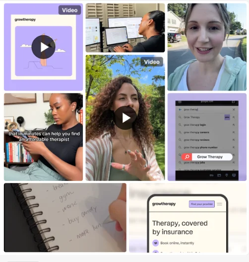 Collage of UGC-style creator content for Grow Therapy, including therapist search, insurance coverage, booking, and personal mental health experiences.