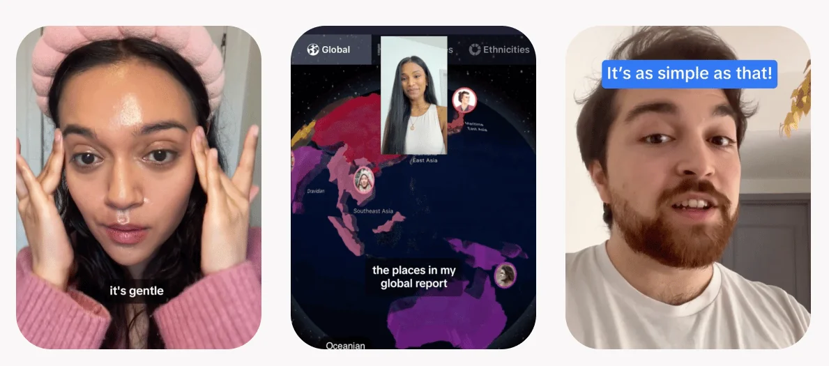 Three different creators shown side-by-side in vertical ad formats.