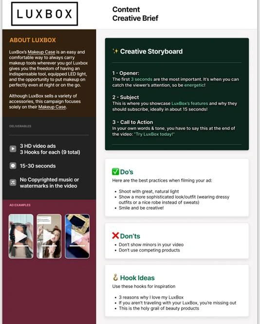 Example UGC creative brief for LuxBox outlining deliverables, storyboard structure, filming guidelines, restrictions, and hook ideas.