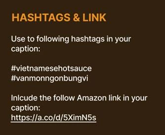 UGC brief section listing required Chin-Su hashtags and an Amazon link to include in the social media caption.