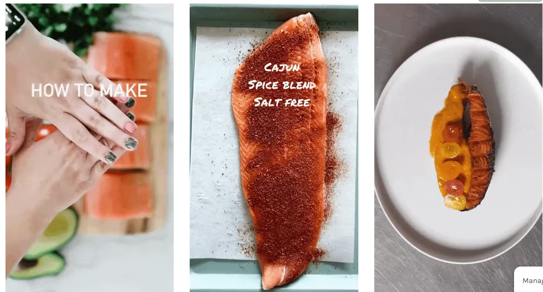 Collage of UGC-style cooking videos showing salmon preparation, Cajun seasoning, and a plated salmon dish.