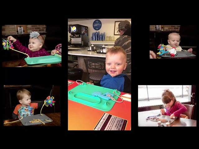 Collage of young children using activity trays and toys while seated at restaurant tables.
