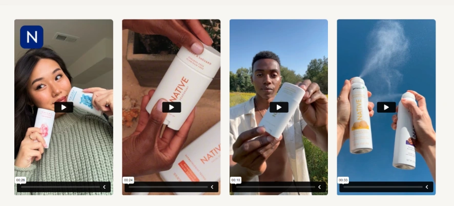 Collage of UGC-style video ads featuring creators demonstrating Native deodorant and body spray products.