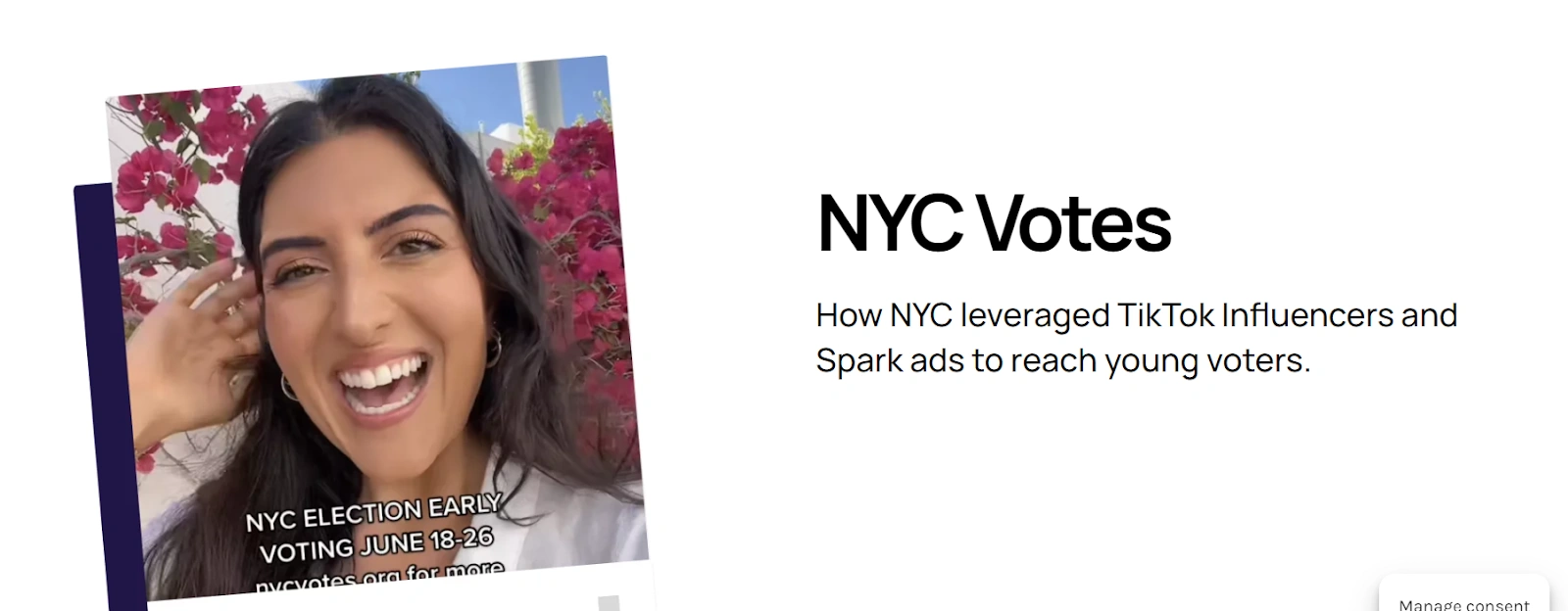 NYC Votes campaign graphic showing a creator-led TikTok video promoting early voting and describing the use of influencers and Spark Ads to reach young voters.