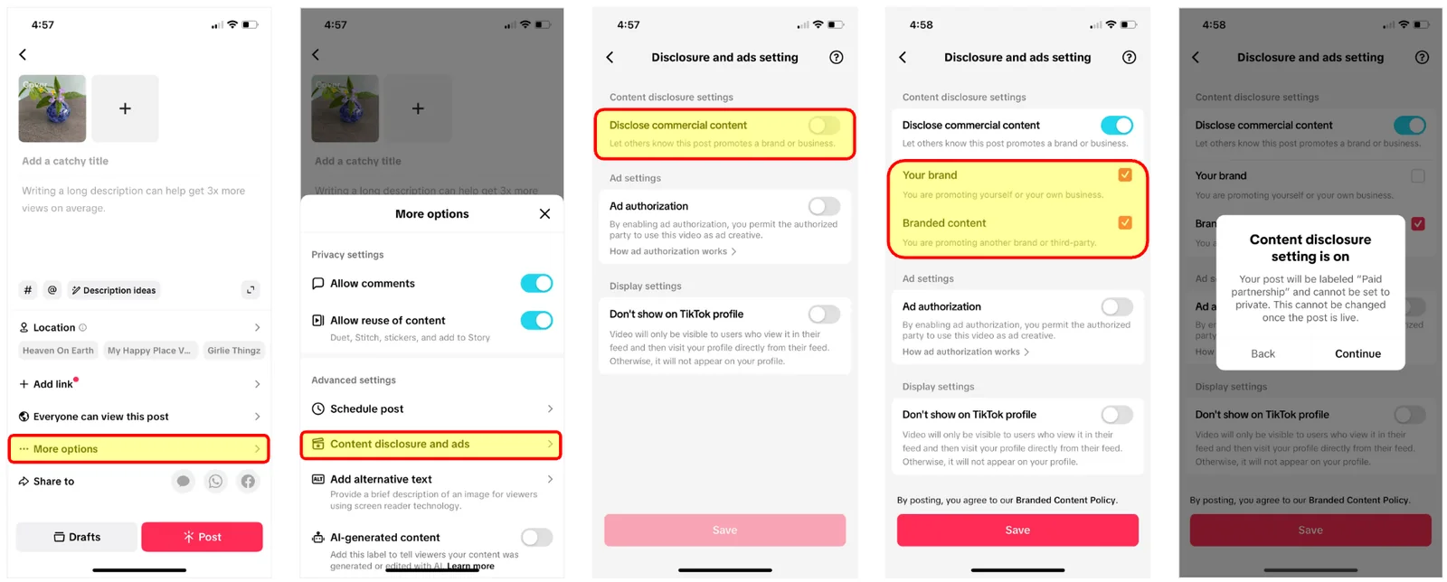 A multi-panel screenshot showing the steps to enable commercial content disclosure in the TikTok app.