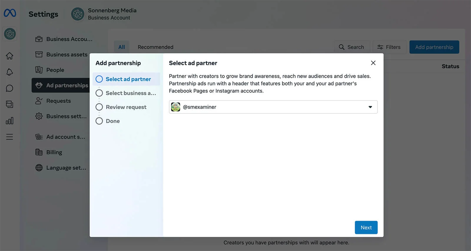 A screenshot of the Meta Business settings interface for adding an ad partner.